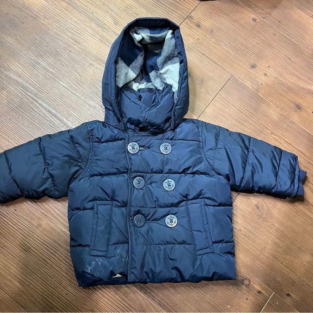 Baby Gap 0-6 months Puffer Blue Jacket Coat Full Zip and Button Detachable Hood